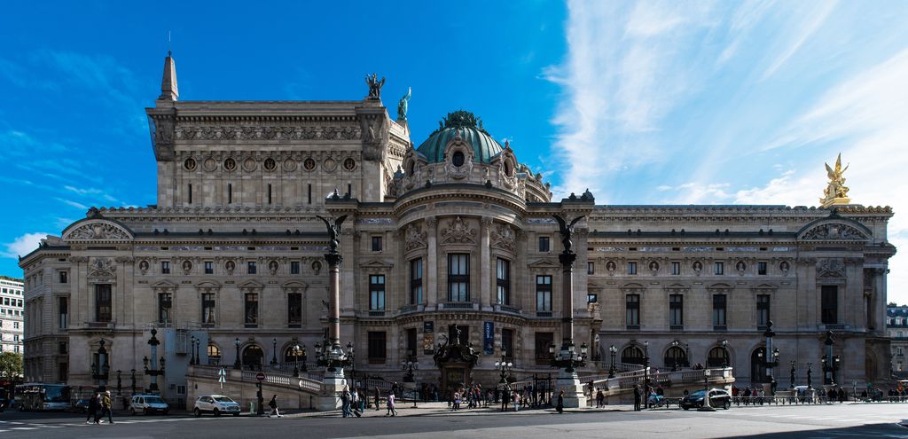 The domed west pavilion and ornate roof masses of the Palais Garnier in Paris.
