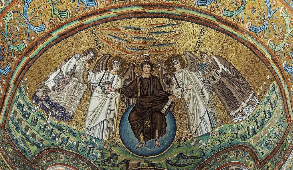 Mosaic figures surrounding Christ on a blue sphere beneath a gold field and curved ornamental borders.