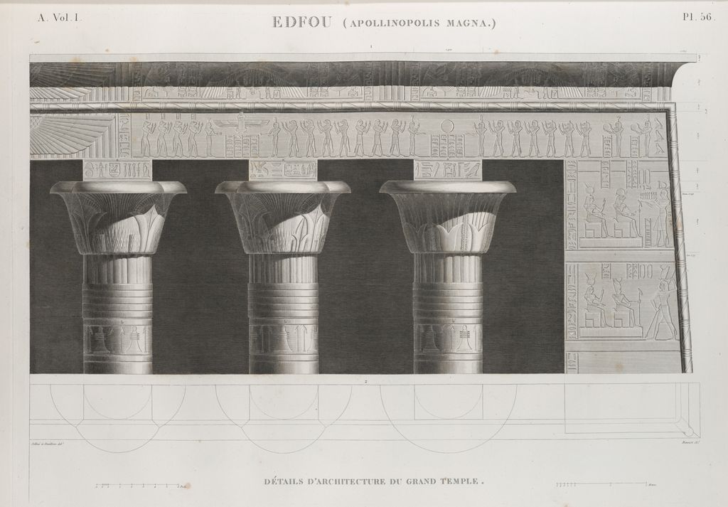 An engraved sheet shows three plant-shaped column capitals beneath a decorated cornice, with relief figures, inscriptions and a plan detail below.