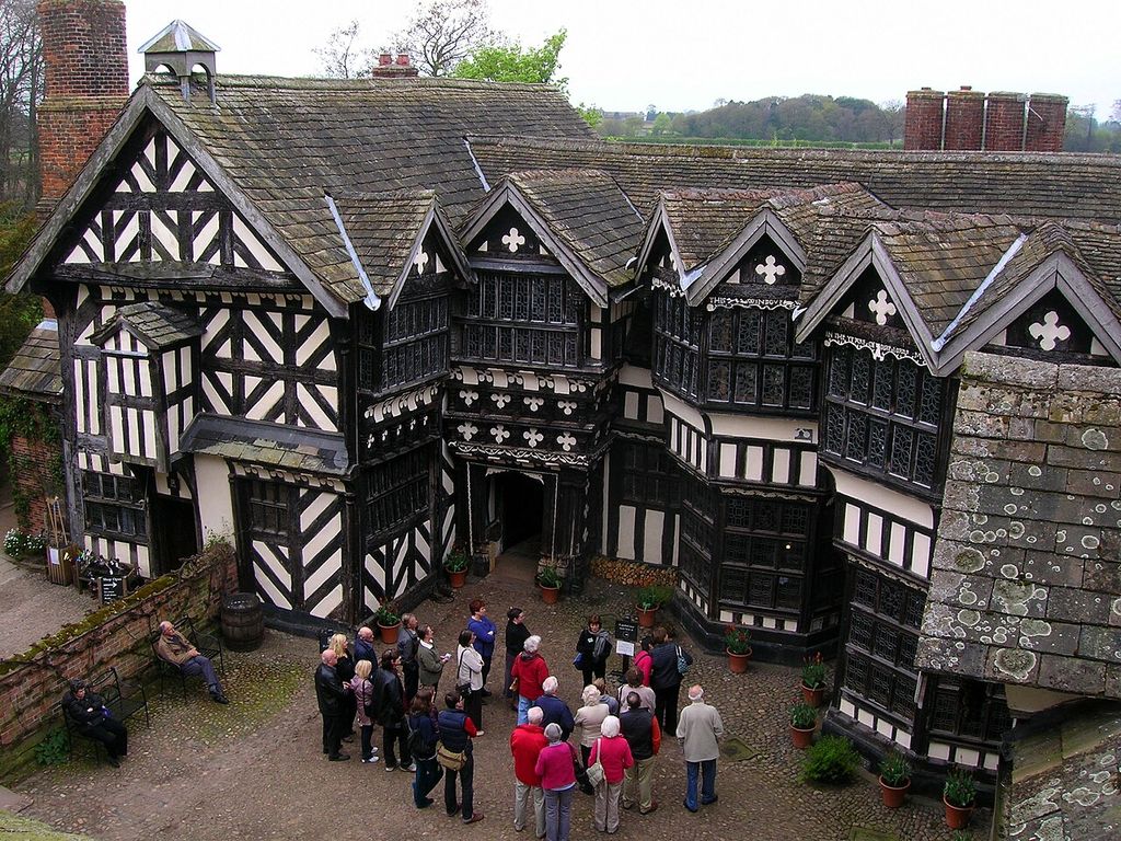 Little Moreton Hall courtyard with exposed dark timber members and light infill.