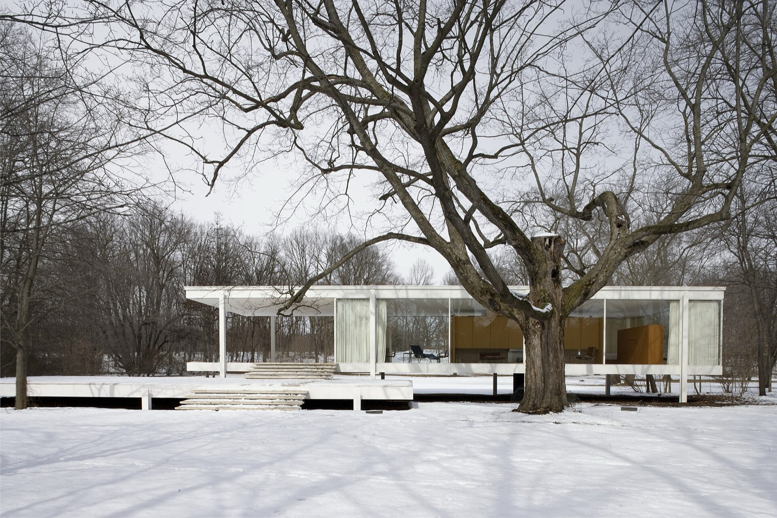 Farnsworth House in snow, with glass living enclosure raised on white columns above the ground and lower terrace.