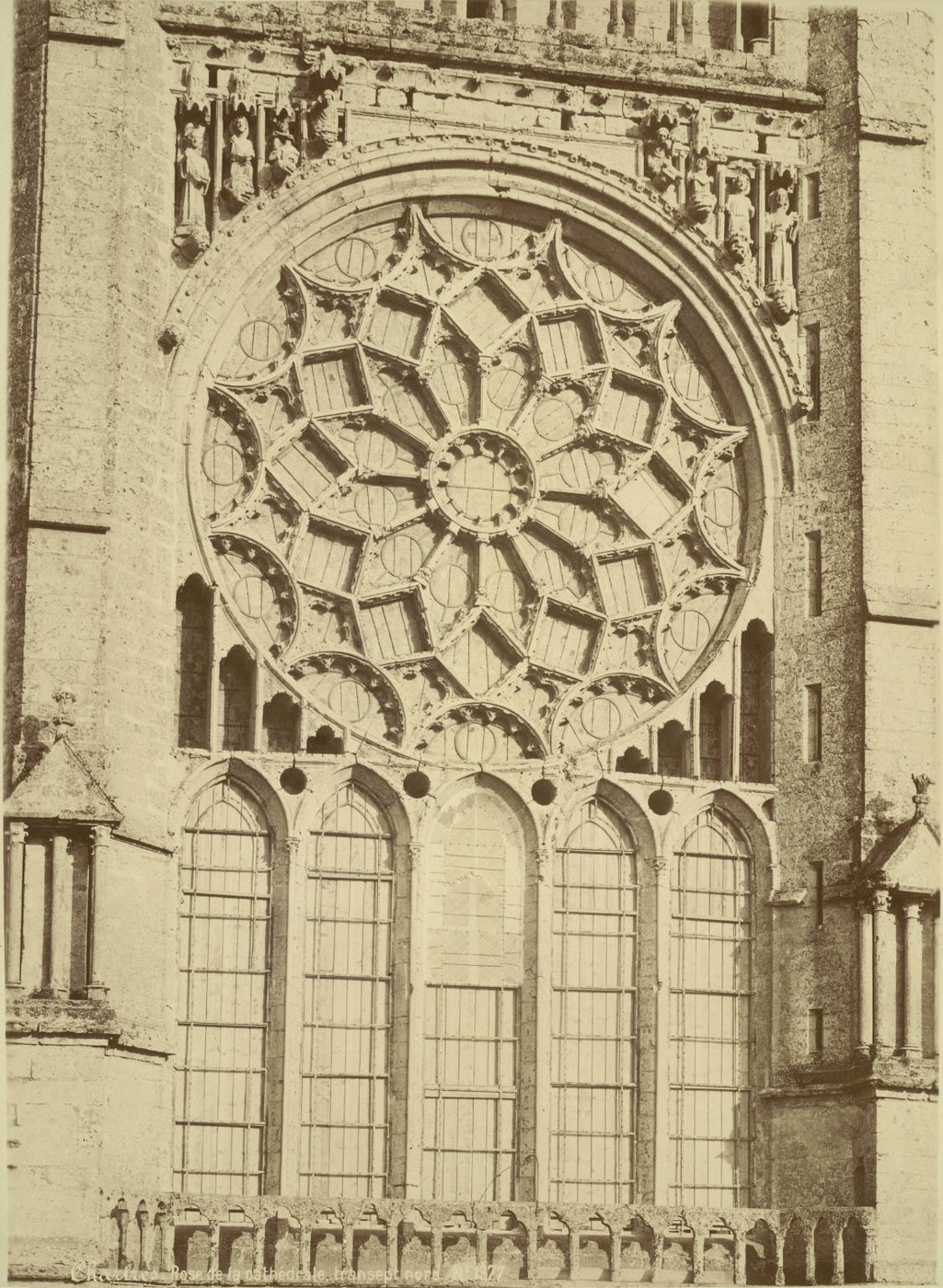 Historic view of the north transept rose window at Chartres Cathedral, showing stone tracery and stained glass.