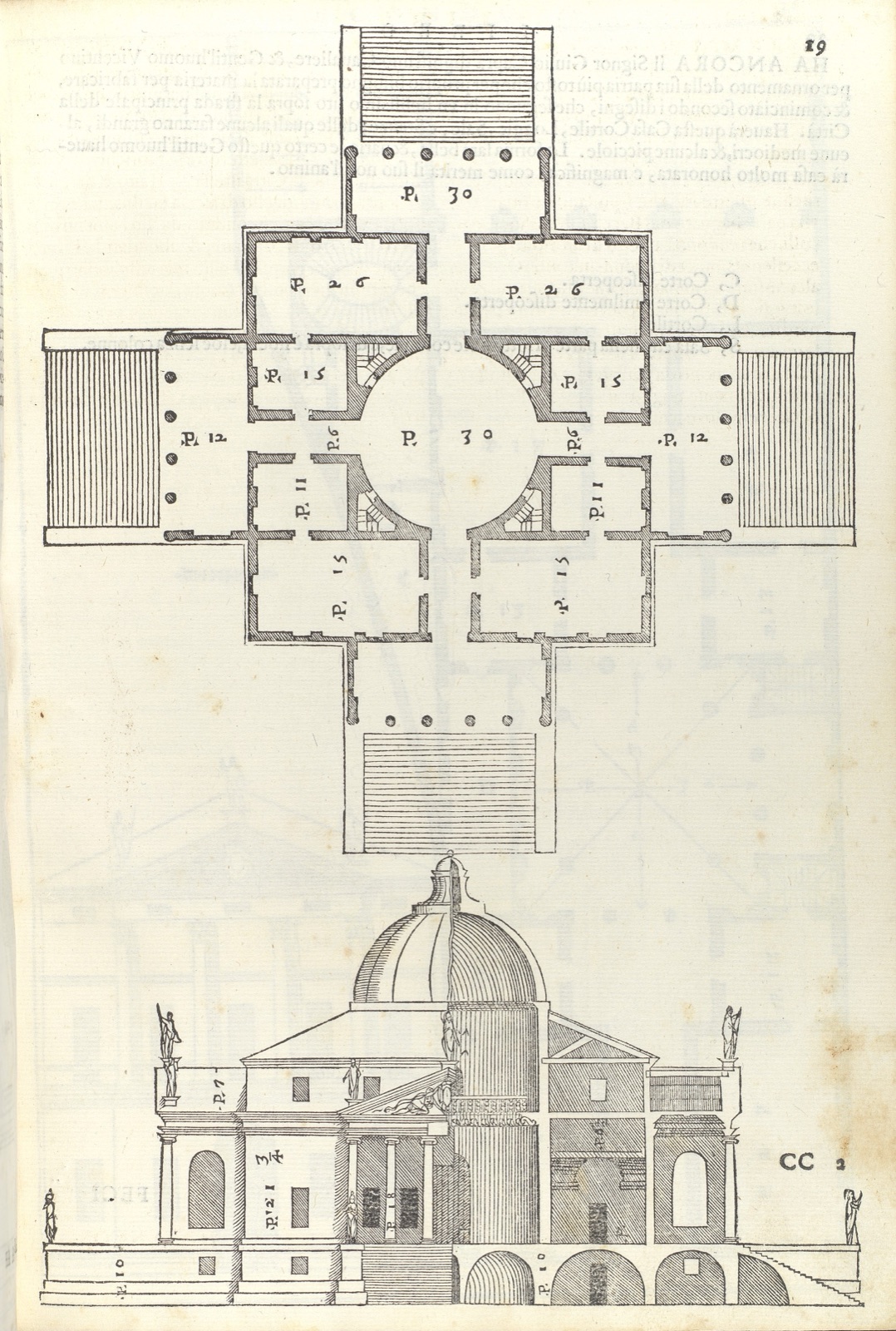 1570 Palladio Villa Rotonda book page with a symmetrical villa plan above an elevation and sectional cut.