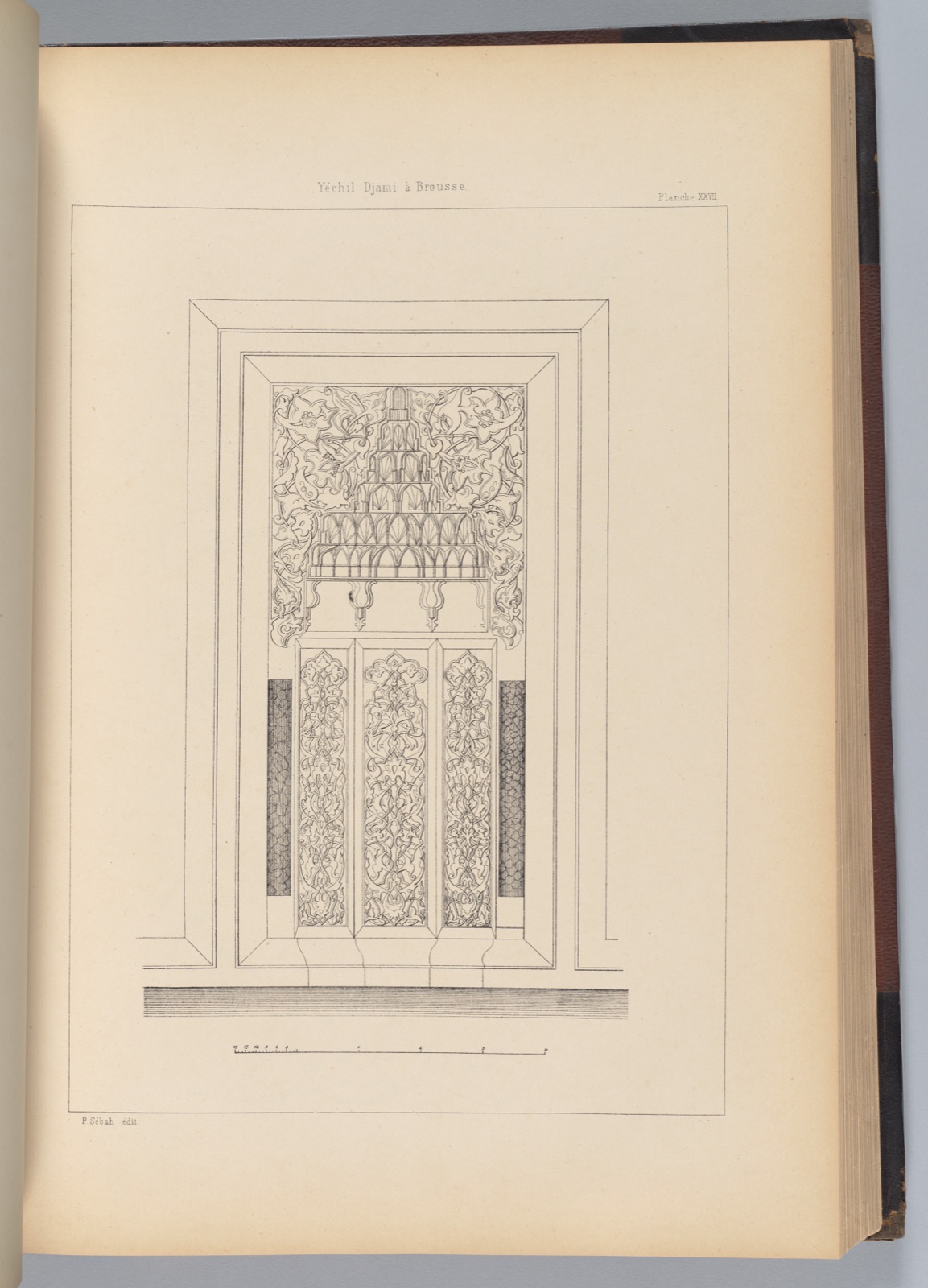 1873 French-labelled architectural plate of the Green Mosque at Bursa, showing a drawn decorated portal and measured scale.