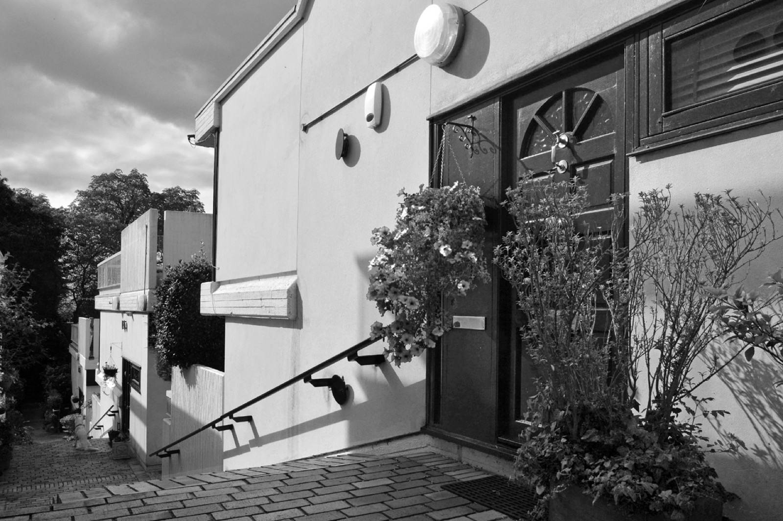 Branch Hill Estate homes in Spedan Close stepping downward along a residential path on a wooded Hampstead slope.