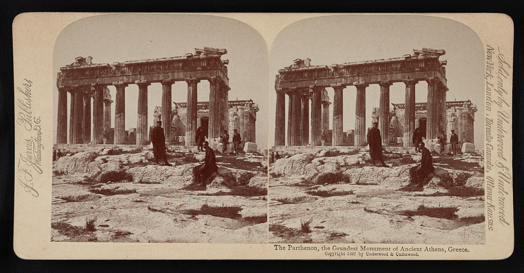1897 double stereograph photographic view of the Parthenon and its surviving colonnade.