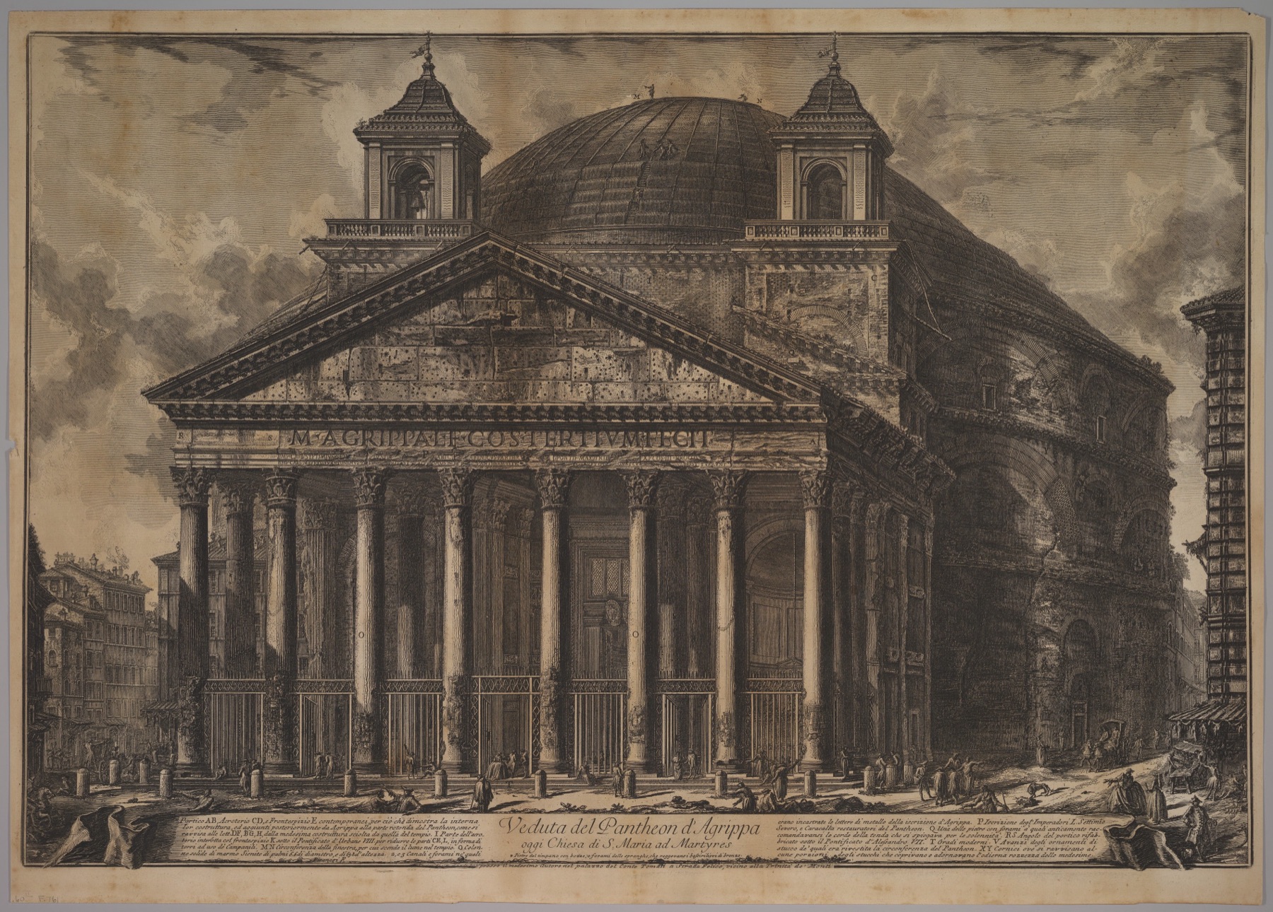 Piranesi eighteenth-century etching showing Pantheon portico projecting before a domed rotunda.