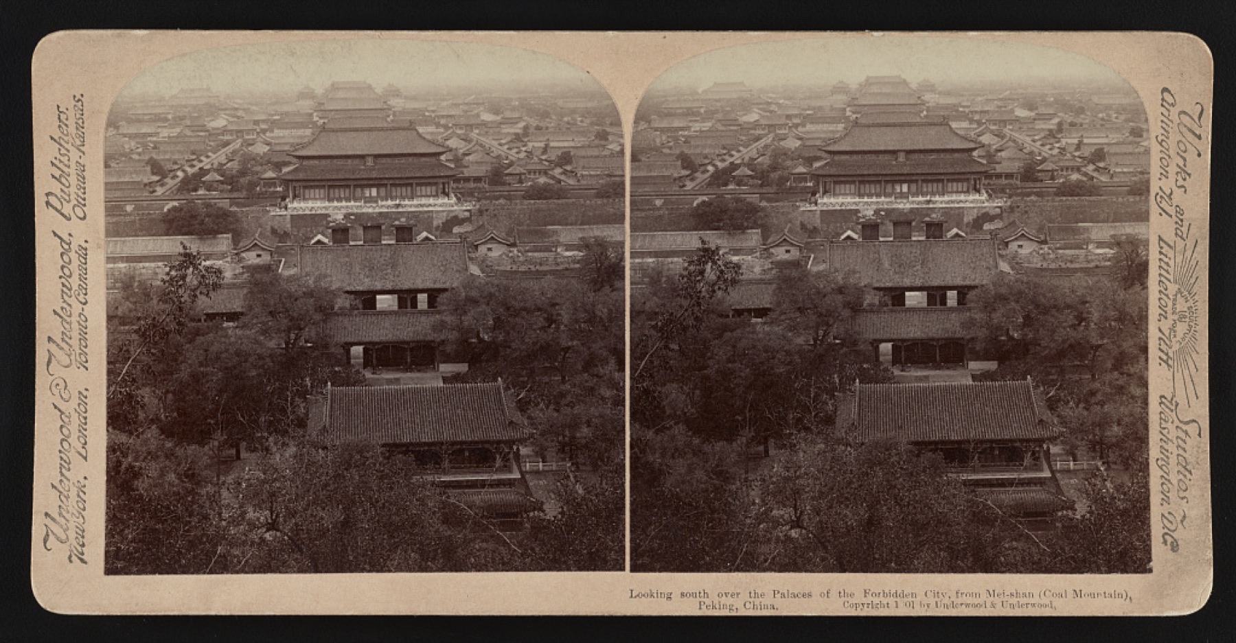 1901 binocular stereograph looking south along stacked roofs of Beijing Forbidden City.