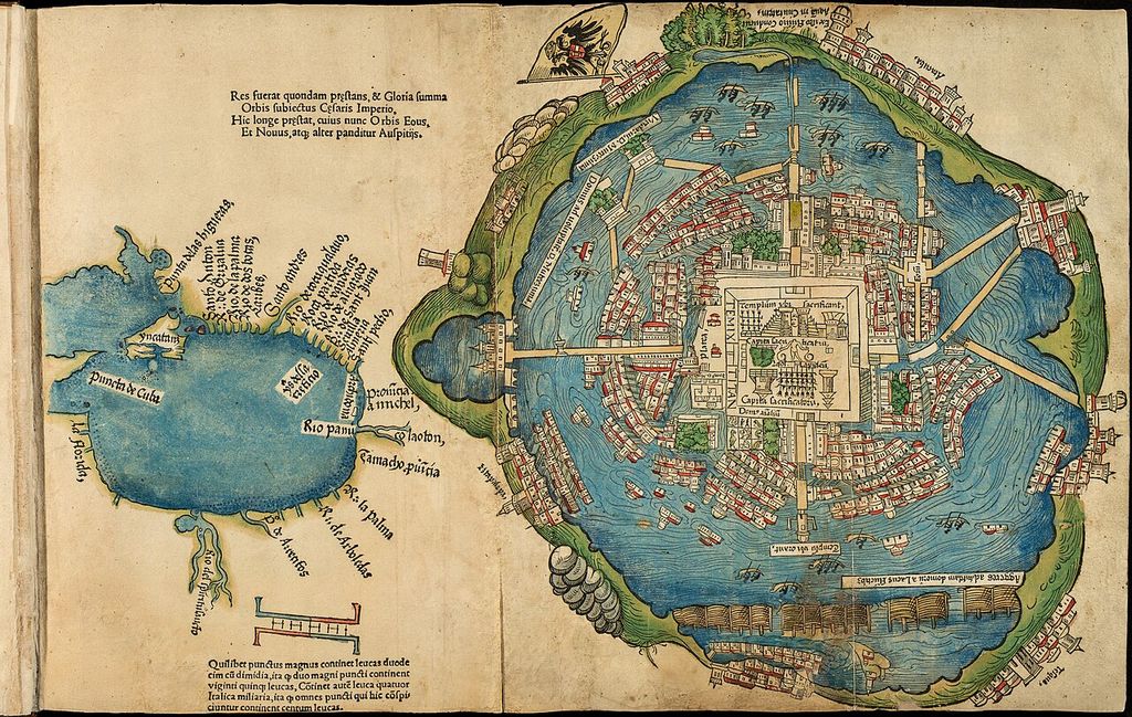A coloured early printed map shows a circular island city crossed by blue canals and causeways around a square central precinct, beside a smaller Gulf coast map.