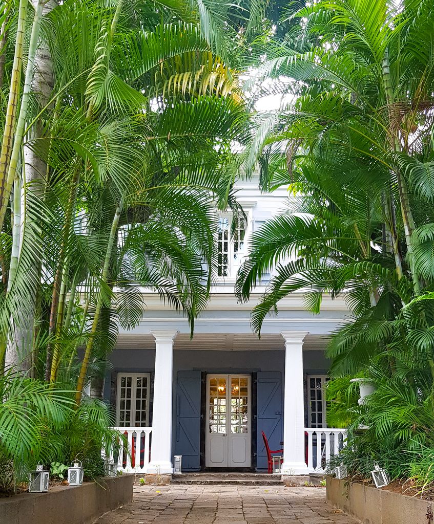 Dense palms frame a shaded grey-and-white timber house front with veranda posts, balustrade, shutters and a central glazed doorway.