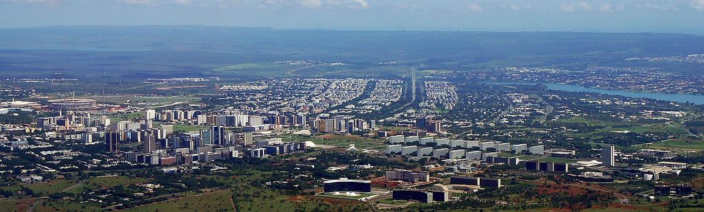 Aerial view of downtown Brasília (Plano Piloto) along the Monumental Axis from the new Mane Garrincha Arena/Estadio Nacional (left) to the Brazilian Federal Congress/Square of the Three Powers (right).