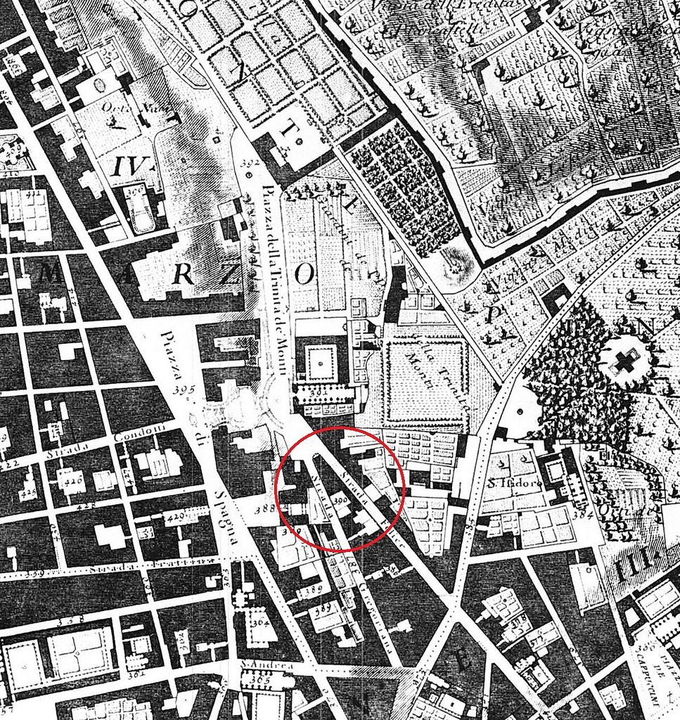 Nolli map from 1748, the Palazzo Zuccari circled in red between Strada Gregoriana (today Via Gregoriana) and Strada Felice (today Via Sistina).