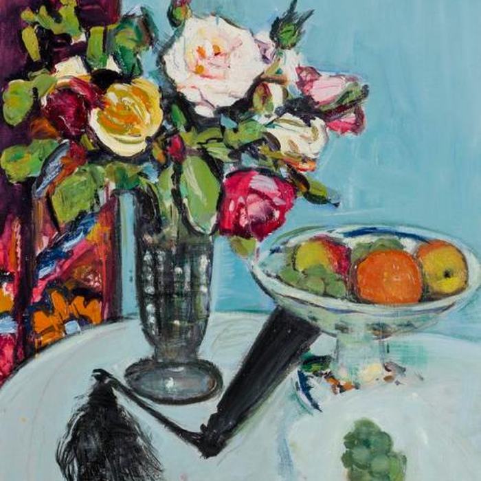Still Life: Roses and a Black Fan by George Leslie Hunter