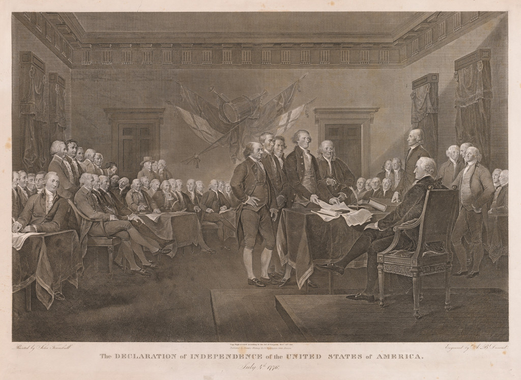 Asher Brown Durand after John Trumbull, Signing the Declaration of Independence, 1823. Etching, Cleveland Museum of Art, 1919.675. Gift of George A. Goddard. The scene depicts the draft’s presentation on June 28, 1776; the complete sheet preserves its historical July 4 title and date.