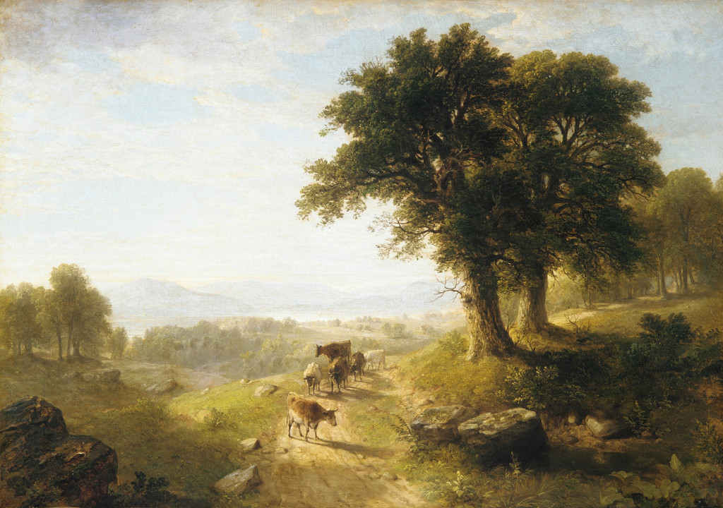 Asher Brown Durand, River Scene, 1854. Oil on canvas, 61 × 86.7 cm. Metropolitan Museum of Art, 1970.58. Bequest of Mary Starr Van Winkle, 1970. The diagonal road and large trees organise a broader rural view.