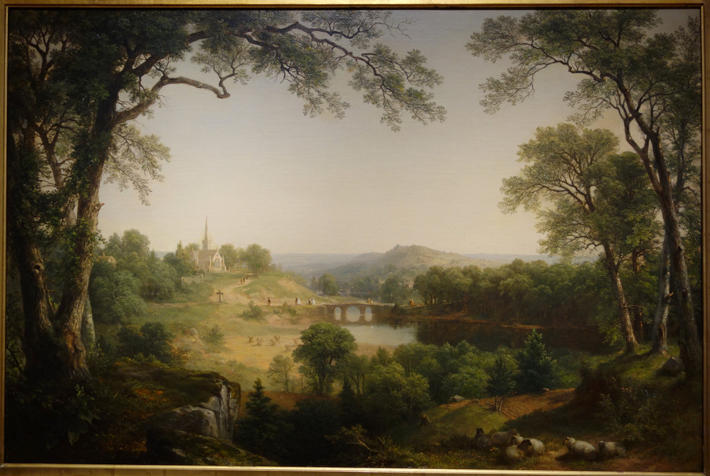 Asher Brown Durand, Sunday Morning, 1860. Oil on canvas, 71.4 × 107 cm. New Britain Museum of American Art, 1963.4, Charles F. Smith Fund. Gallery photograph by Daderot; complete supplied frame and perspective retained.