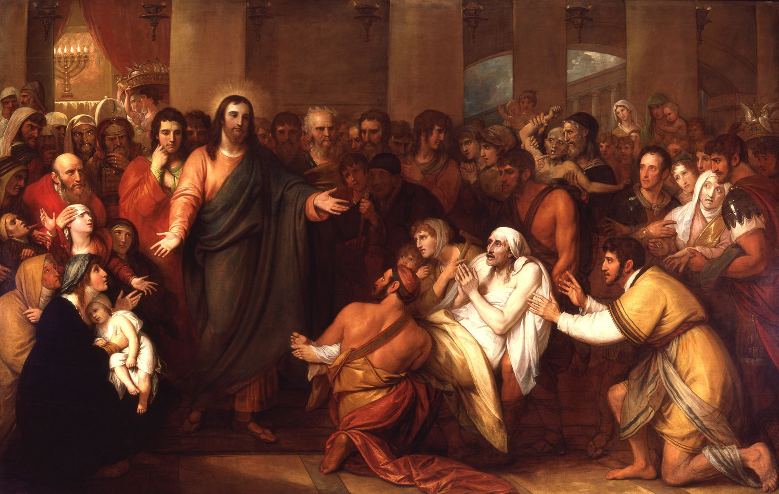 The Philadelphia painting: Christ extends his hands towards the sick, with a mother and infant at left, a kneeling man in front, and patients supported by families at right.