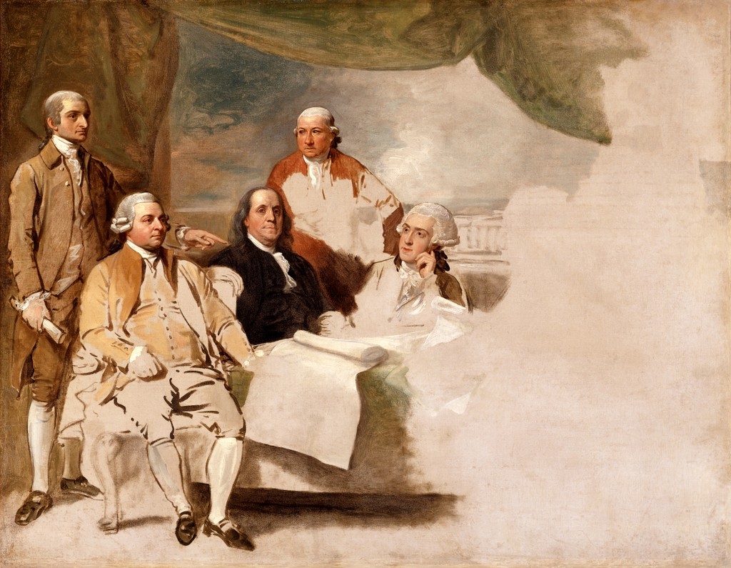 Benjamin West, American Commissioners of the Preliminary Peace Negotiations with Great Britain, 1783–1784, begun 1783, oil on canvas, unfinished, 72.3 × 92.7 cm. Winterthur Museum, Garden & Library, Gift of Henry Francis du Pont, 1957.856 (also recorded as 1957.0856). Public-domain reproduction via Wikimedia Commons; whole supplied image, resized only, with its unfinished field retained.