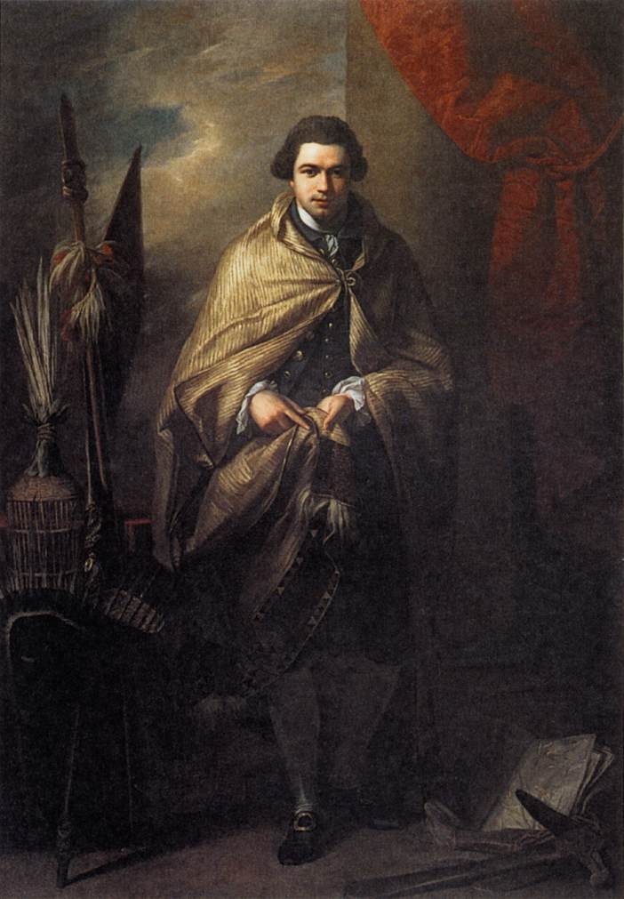 Benjamin West, Joseph Banks, 1771–1772, oil on canvas, 234 × 160 cm. Usher Gallery, Lincoln, LCNUG 1989.9. Public-domain reproduction via Web Gallery of Art and Wikimedia Commons; supplied 702 × 1,011 image retained without enlargement or aspect correction.