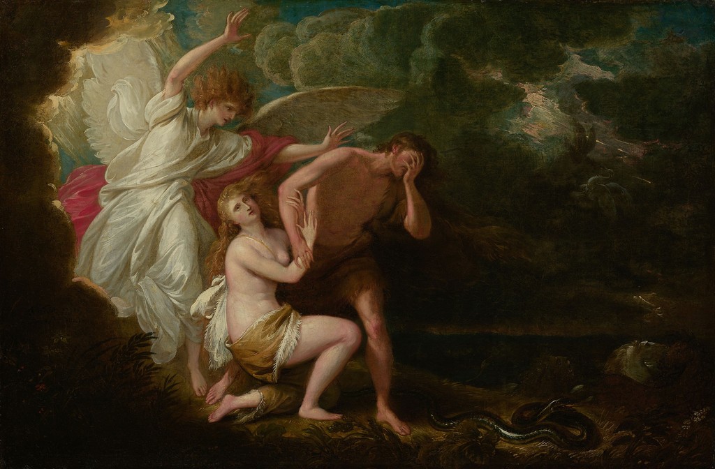 Benjamin West, The Expulsion of Adam and Eve from Paradise, 1791, retouched 1803. Oil on canvas, 48.6 × 72.9 cm. Art Institute of Chicago, George F. Harding Collection, 1984.175. AIC-origin reproduction via Wikimedia Commons, CC0; complete supplied image, resized only.