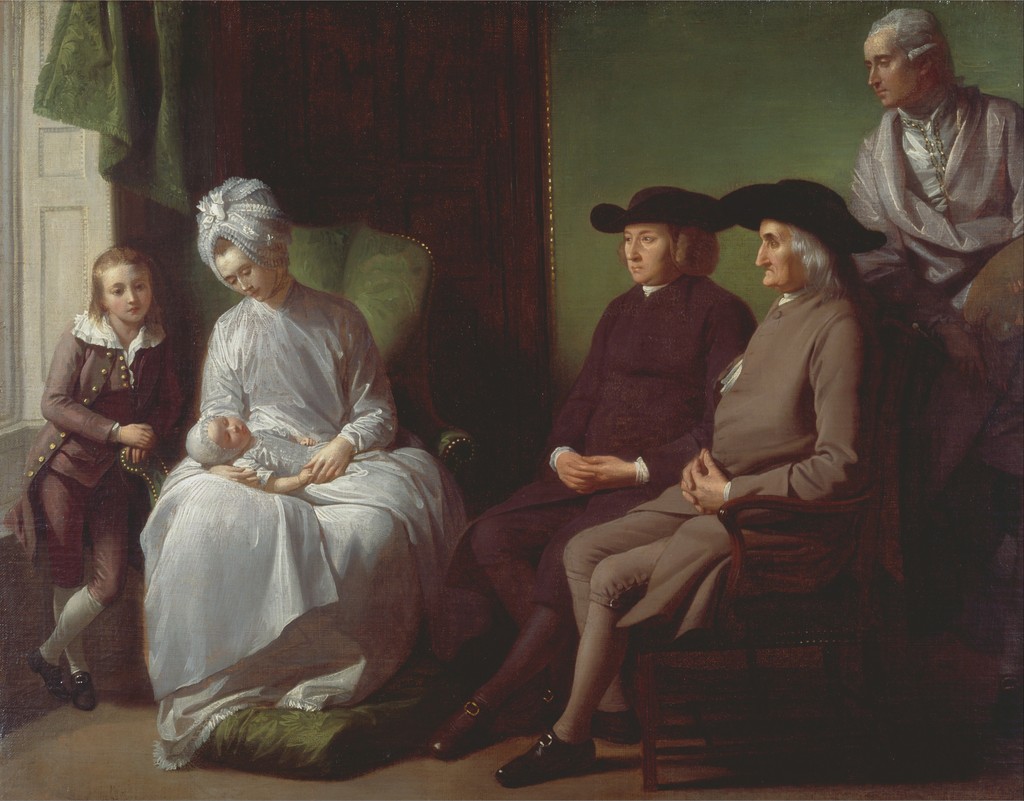 Betsy holds their infant beside their standing son at left; West stands behind his father and half-brother, seated at right.