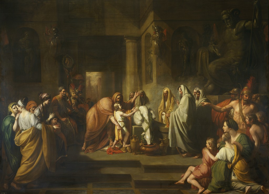 Benjamin West, The Oath of Hannibal, 1770, oil on canvas, 224.9 × 307.7 cm. Royal Collection, RCIN 405417. Public-domain reproduction via Wikimedia Commons; Royal Collection Trust credit retained. Whole supplied image, resized only.