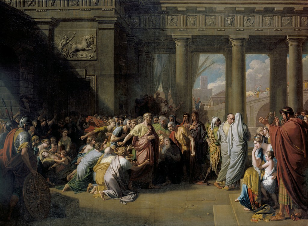 Benjamin West, The Departure of Regulus, 1769, oil on canvas, 225.4 × 307.2 cm. Royal Collection, RCIN 405416. Public-domain reproduction via Wikimedia Commons; Royal Collection Trust credit retained. Whole supplied image, resized only.