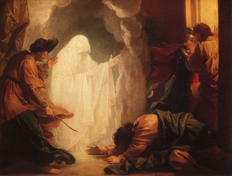 Benjamin West, Saul and the Witch of Endor, 1777, oil on canvas, approximately 50.5 × 65.1 cm. Wadsworth Atheneum Museum of Art, Bequest of Clara Hinton Gould, 1948.186. Public-domain reproduction via Wikimedia Commons; whole supplied 765 × 583 image, with no enlargement, crop, aspect correction or appearance adjustment.