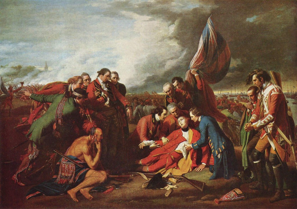 A red-coated Wolfe reclines among supporting officers beneath a tall flag, with a seated Indigenous warrior at left and battle activity in the distance.