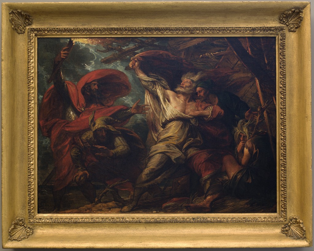 Benjamin West, King Lear, about 1788. Preparatory oil sketch, 52.1 × 69.9 cm unframed. Detroit Institute of Arts, Founders Society Purchase, Gibbs-Williams Fund, 77.58. Public-domain artwork, official museum download; entire supplied image including frame, resized only.