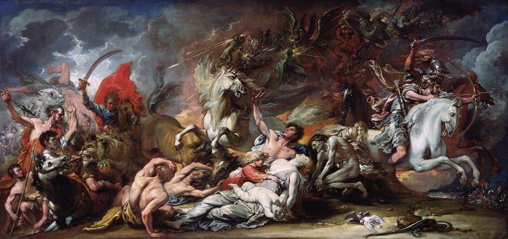Benjamin West, Death on the Pale Horse, 1796. Oil on canvas, 59.4 × 128.6 cm. Detroit Institute of Arts, Founders Society Purchase, Robert H. Tannahill Foundation Fund, 79.33. Public-domain artwork, official museum download; complete image, resized only.