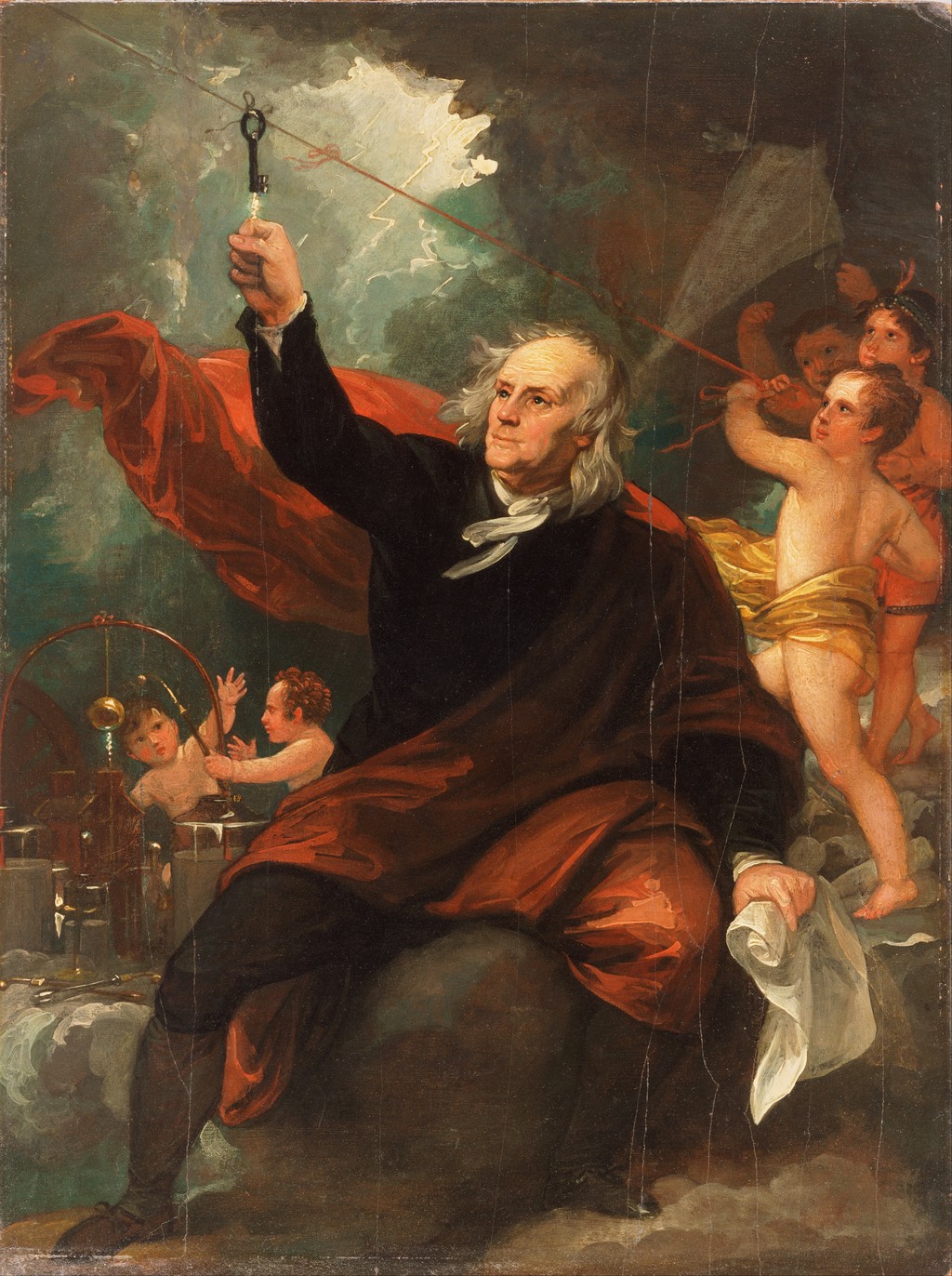Benjamin West, Benjamin Franklin Drawing Electricity from the Sky, around 1816, oil on slate, 34 × 25.6 cm. Philadelphia Museum of Art, Gift of Mr. and Mrs. Wharton Sinkler, 1958-132-1. Public-domain reproduction via Google Cultural Institute/Wikimedia Commons; whole supplied image, resized only. A later commemorative painting, not the portrait source for American Commissioners.