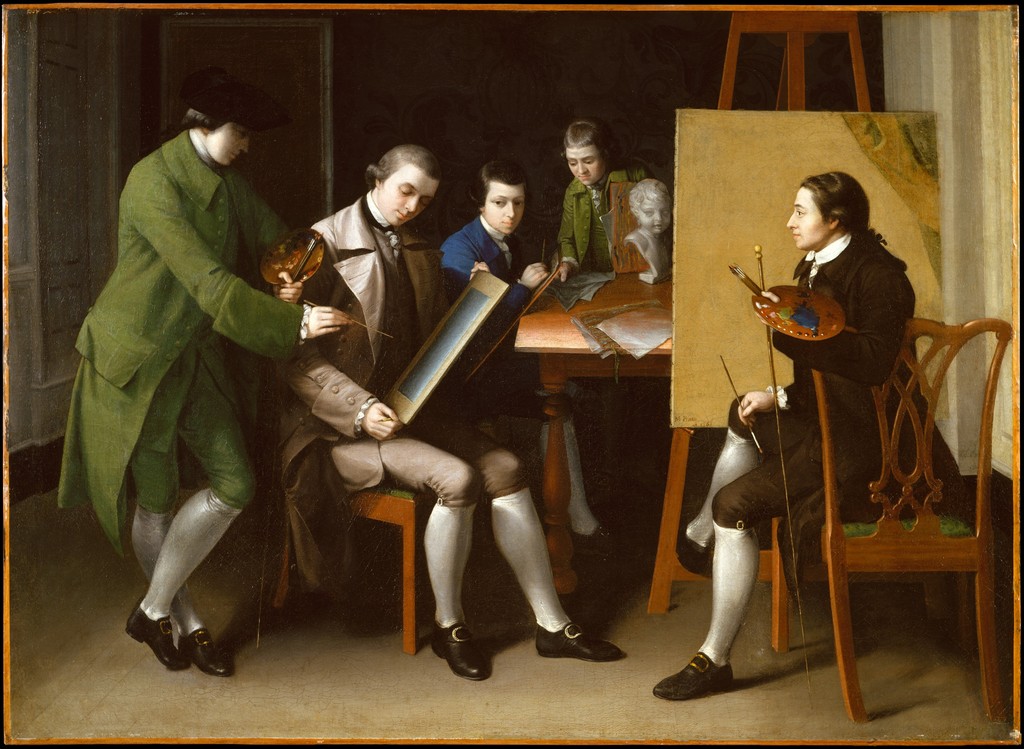 Matthew Pratt, The American School, 1765, oil on canvas, 91.4 × 127.6 cm. The Metropolitan Museum of Art, Gift of Samuel P. Avery, 1897, 97.29.3. Met Open Access, CC0; whole supplied institutional original, including its narrow edge, resized only.