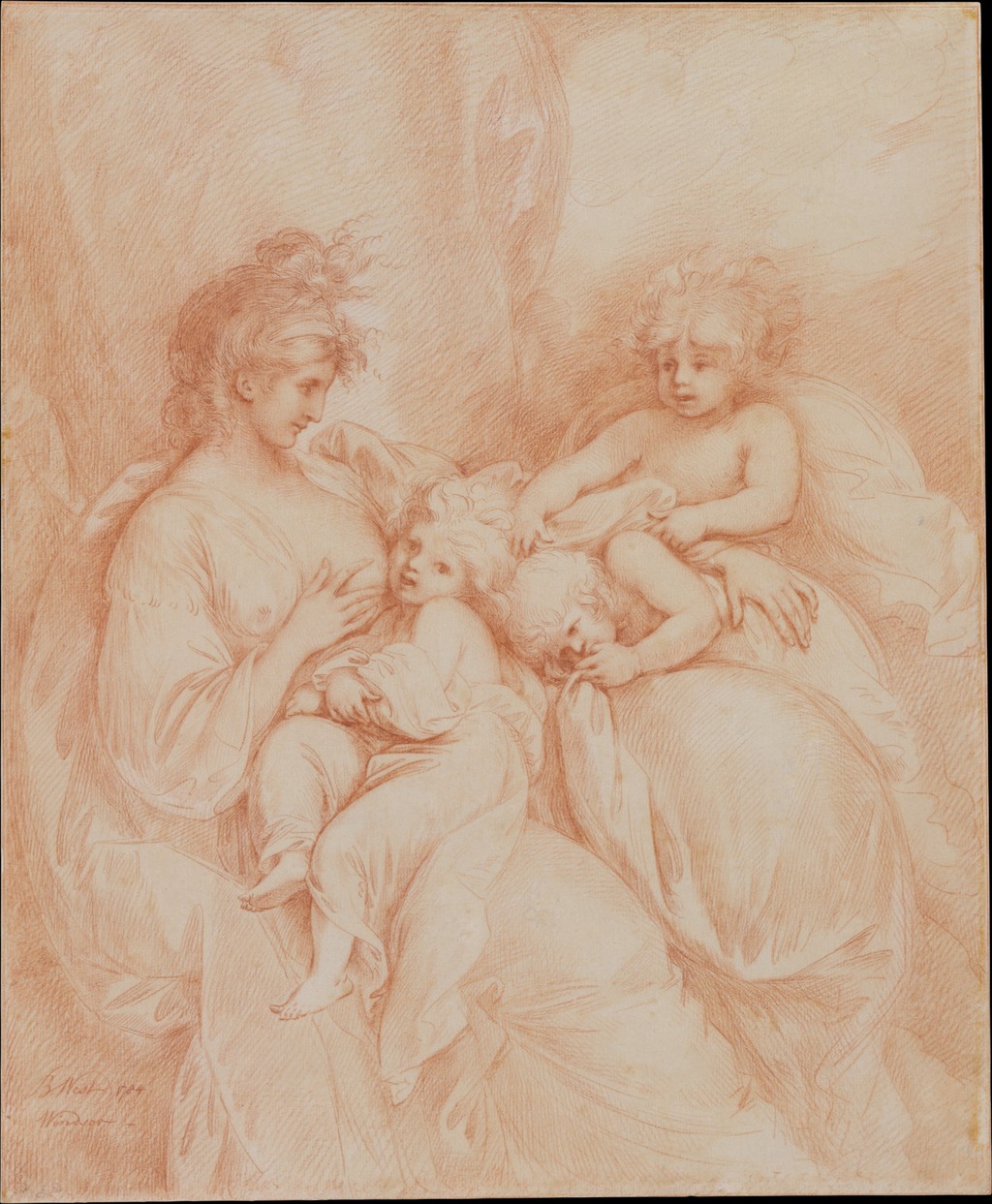 Benjamin West, Maternity, 1784, red chalk on thin off-white laid paper, mounted on off-white laid paper, 36.4 × 29.4 cm. The Metropolitan Museum of Art, Morris K. Jesup Fund, 2002, 2002.1. Met Open Access, CC0; whole supplied sheet, resized only.