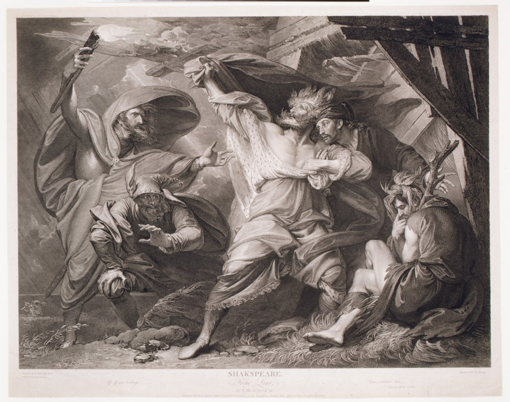 William Sharp after Benjamin West, “Off, off, you lendings–Come unbutton here”, 1793. Etching and engraving, published by John and Josiah Boydell. The Metropolitan Museum of Art, Gift of Georgiana W. Sargent, in memory of John Osborne Sargent, 1924, 24.63.1869. Public domain, Met Open Access CC0; complete supplied print and lettering, resized only.