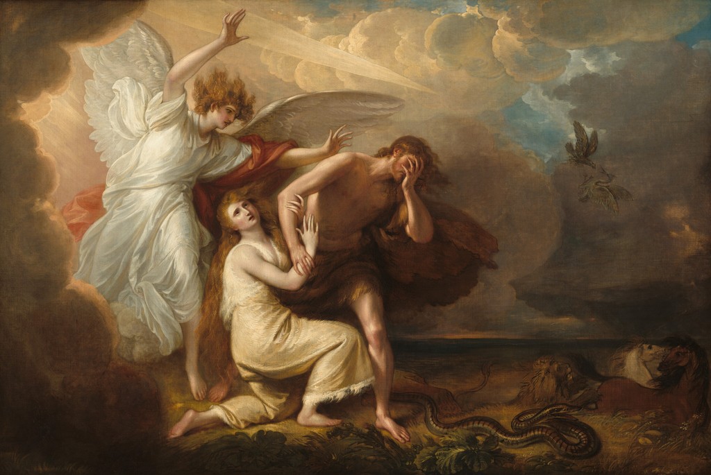 A white-robed angel directs Adam and kneeling Eve out of a bright cloud, with a pale beam above, a serpent near their feet and pursuing animals at right.