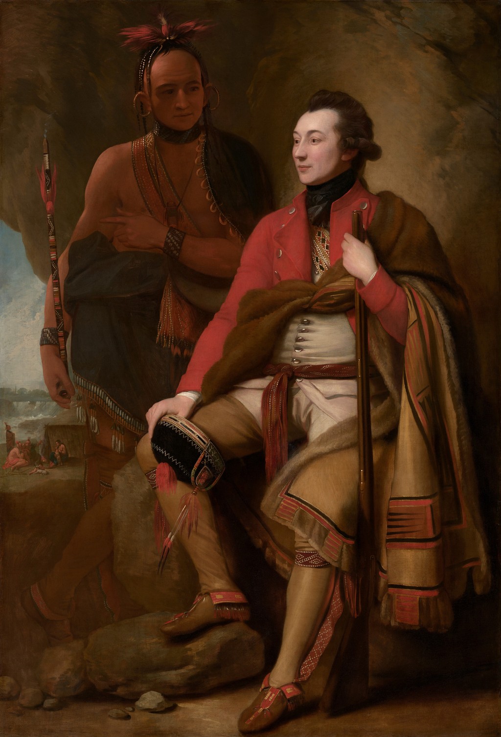Guy Johnson sits in a red coat holding a gun and decorated cap, while Karonghyontye stands behind with a pipe; a small camp and waterfall appear at lower left.