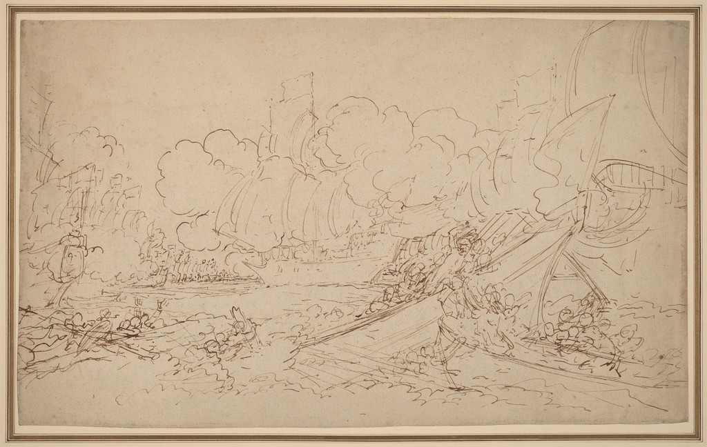 Benjamin West, Study for The Battle of La Hogue (recto), 1778, pen and brown ink on laid paper. National Gallery of Art, Washington, Avalon Fund, 1991.90.1.a. Public Domain / NGA Open Access; published view retains the ruled border.