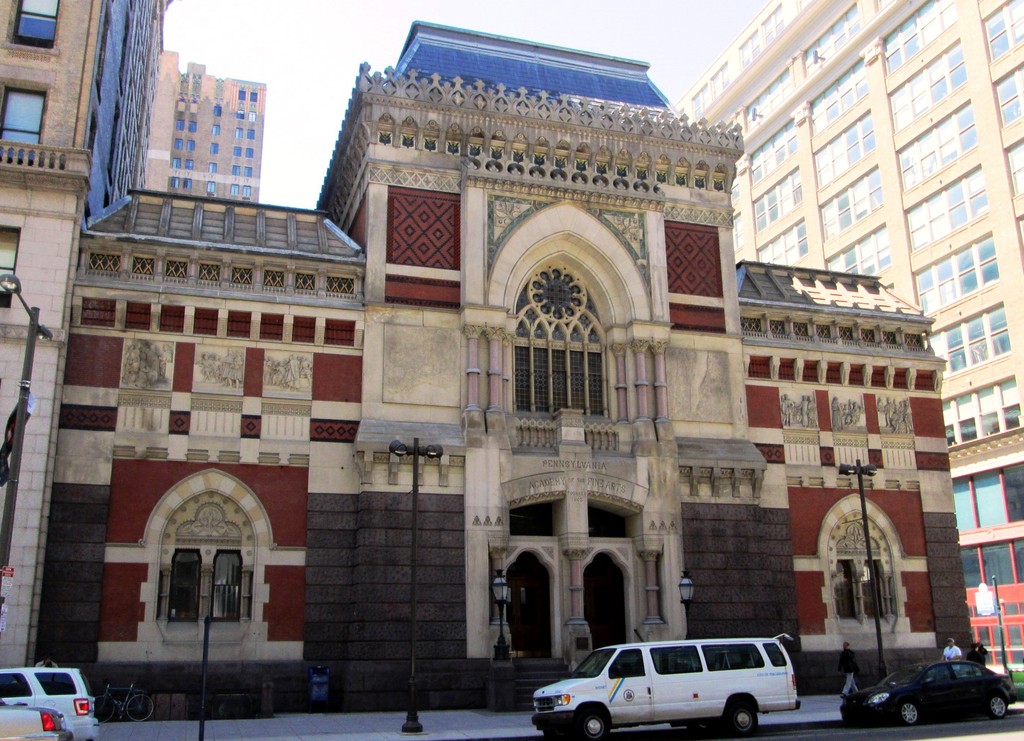 PAFA’s Furness-Hewitt building, opened in 1876, photographed by Beyond My Ken on 3 May 2013. This later building is distinct from the Chestnut Street premises damaged in 1845. Via Wikimedia Commons, CC BY-SA 4.0; complete photograph, resized only.