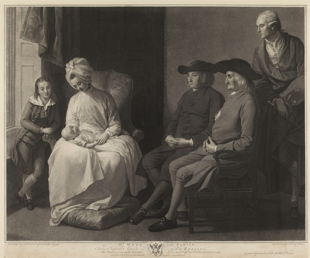Georg Sigmund Facius and Johann Gottlieb Facius after Benjamin West, Mr. West and Family, 1779. Stipple and engraving on cream laid paper. Pennsylvania Academy of the Fine Arts, John S. Phillips Collection, 1985.x.312. No known copyright restrictions.
