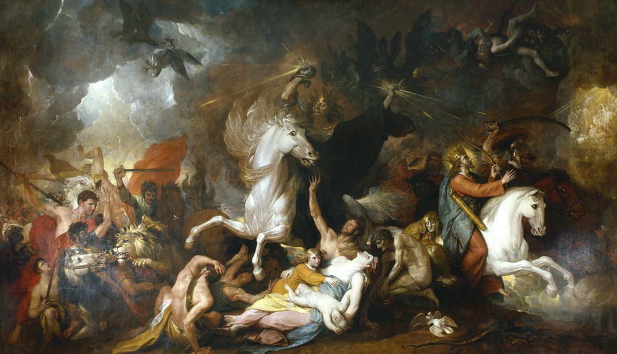 A crowned Death raises darts above a rearing pale horse, with a fallen family beneath, men fighting lions at left and other mounted riders at right.