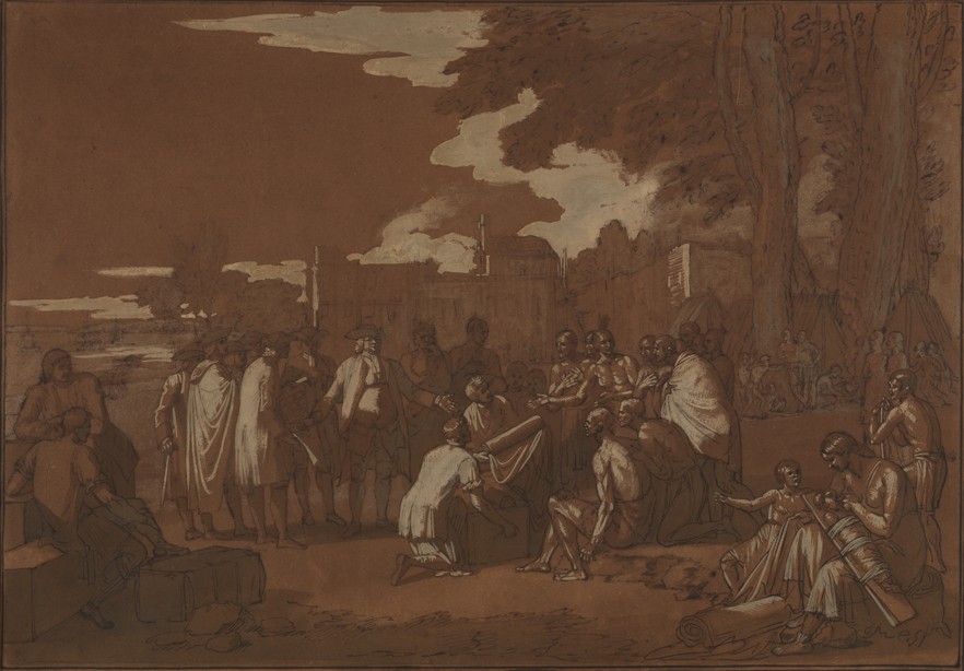 Benjamin West, Penn’s Treaty with the Indians, compositional study, about 1771. Ink, ink wash and Chinese white on brown wove paper. PAFA, Pennsylvania Academy Purchase Fund, 1986.20. No known copyright restrictions; complete supplied image at 882 pixels wide.