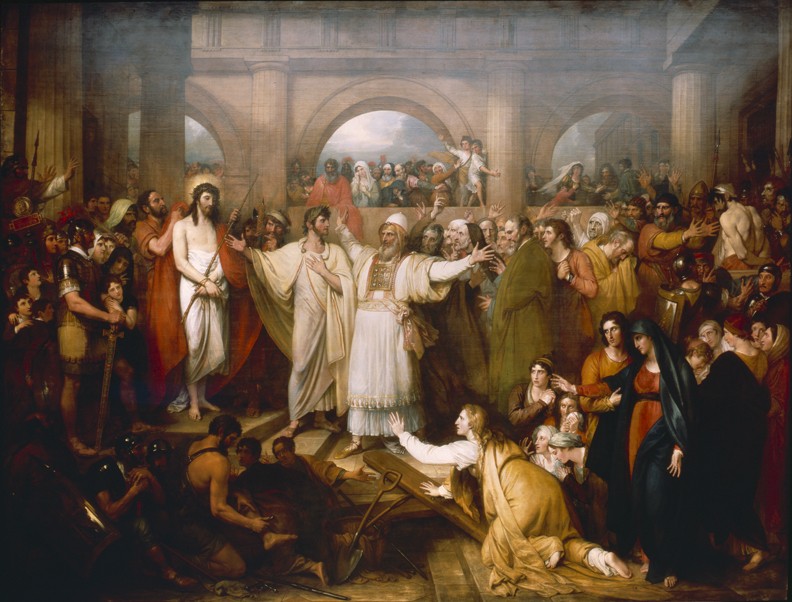 Christ stands bound at the left beside Pilate, while the high priest spreads his arms near the centre and a kneeling woman reaches across the cross at lower right.