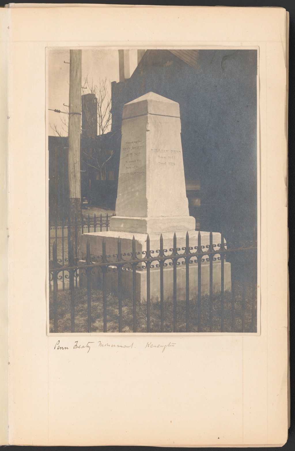 Penn Treaty Monument, Kensington, photograph catalogued about 1890, photographer unidentified. Library of Congress, Prints and Photographs Division, 2016647940, ppmsca.41924; via Wikimedia Commons. Album collected by Joseph Y. Jeanes. Public domain/no known restrictions; complete album leaf, resized only.