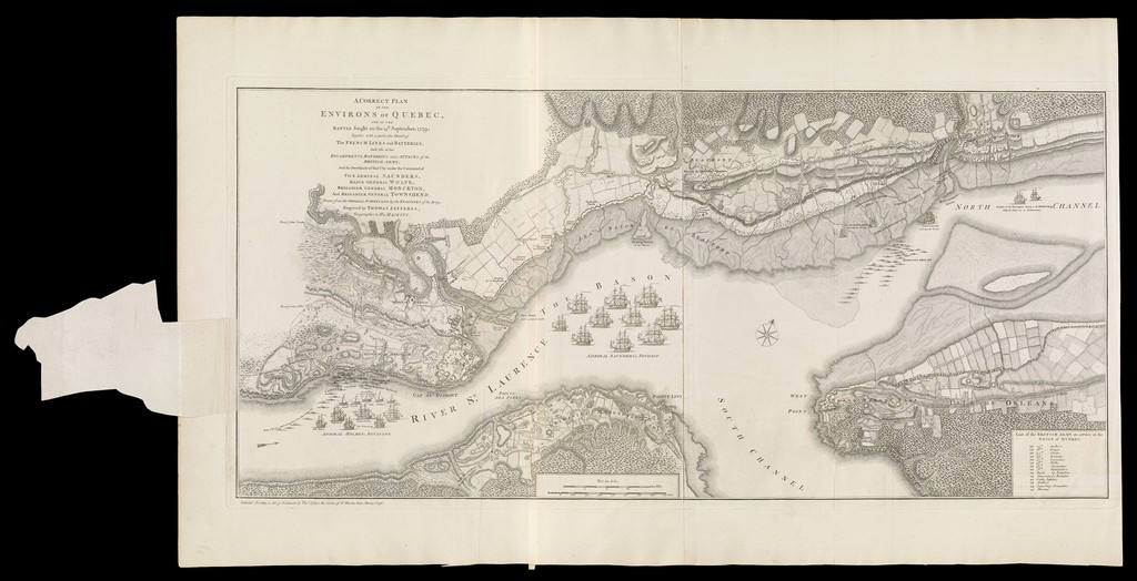 Thomas Jefferys, A correct plan of the environs of Quebec, 1768 issue depicting the battle of 13 September 1759. Norman B. Leventhal Map Center at the Boston Public Library, G1105.J4 1768; via Wikimedia Commons, original full-sheet upload. CC BY 2.0; resized only.