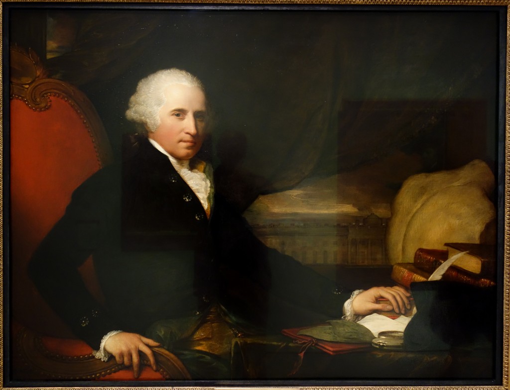 Benjamin West, Self-portrait of Benjamin West, P.R.A., 1793, oil on panel, 101.5 × 132 cm, Royal Academy of Arts, 03/285. Photograph by Daderot, via Wikimedia Commons, CC0; whole supplied photograph with frame edges retained, resized only.