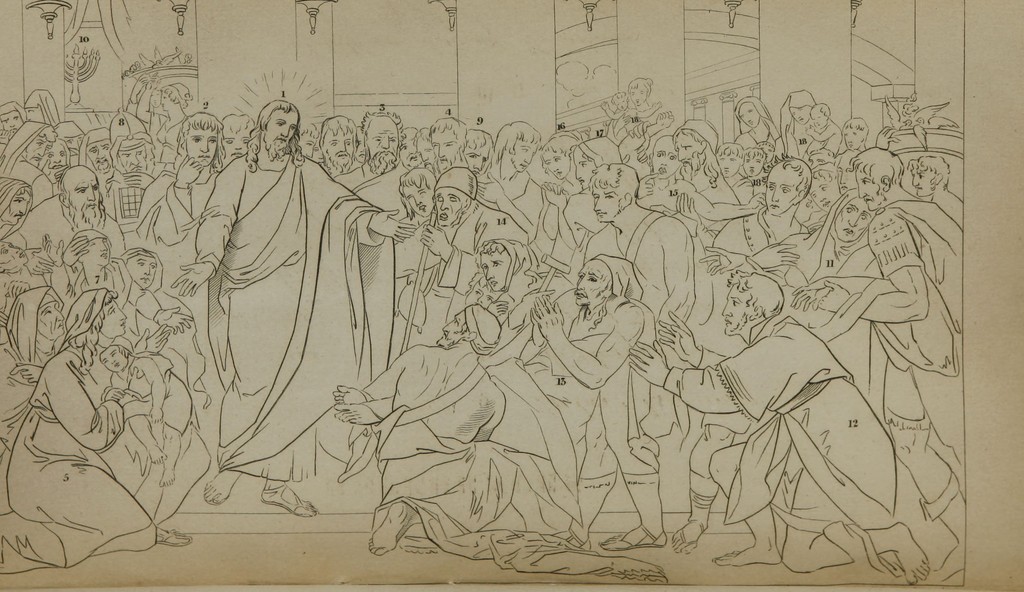 Key to West’s Philadelphia Christ Healing the Sick in the Temple, engraving by Kneass, Young & Co. after a sketch by Thomas Sully, published with John Robinson’s 1818 description. NLM/Medical Heritage Library via Wellcome Collection, Public Domain Mark. Complete supplied scan rotated clockwise and resized; pre-existing clipped lettering retained. This is a key after the painting, not the original oil.