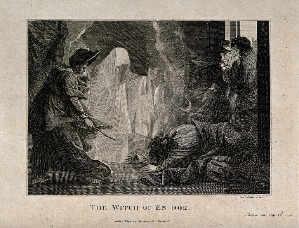R. I. Martin after Benjamin West, The Witch of En-Dor, catalogued 1811. Line engraving, published by Z. Jackson, Dublin; Wellcome Collection, 40385i, image V0025882. Credit: Wellcome Library, London, via Wikimedia Commons, CC BY 4.0. Whole supplied image, including paper and lower lettering, resized only; a separate print after the design.