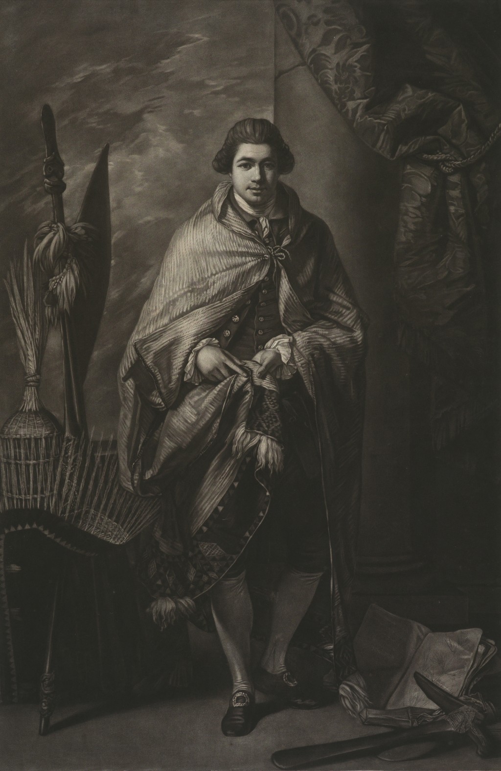 John Raphael Smith after Benjamin West, Mr. Banks, 1773, mezzotint. Te Papa, purchased 2005 with Ellen Eames Collection funds, 2005-0027-1. No Known Copyright Restrictions; complete supplied photographic image, resized only. The lower title and imprint margin are not visible in this photograph.