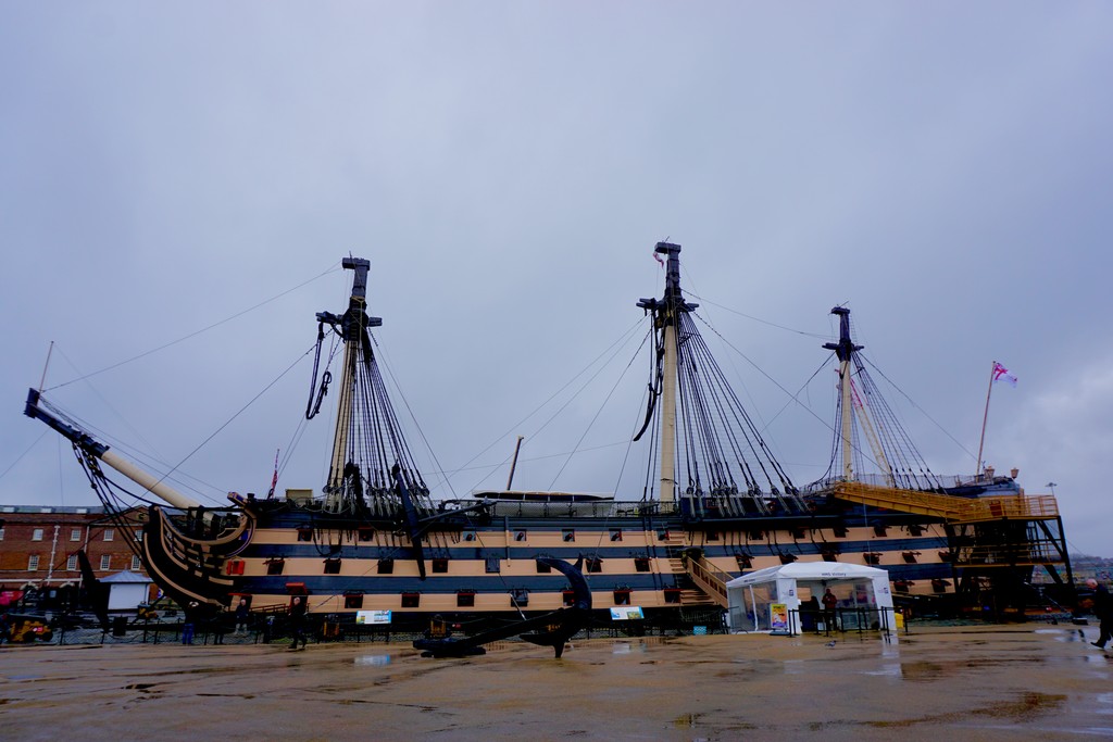 HMS Victory at Portsmouth, photographed by John K Thorne on 28 February 2019. Wikimedia Commons / Flickr, CC0; resized only. A dated view of the preserved ship, before the conservation work phase begun in 2022, rather than a reconstruction of its appearance at Trafalgar.